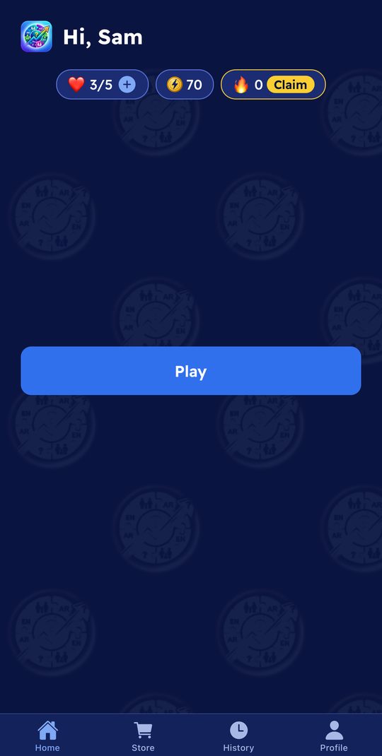 The Qwestions home screen, with lives, Sparks and a daily streak above the Play button